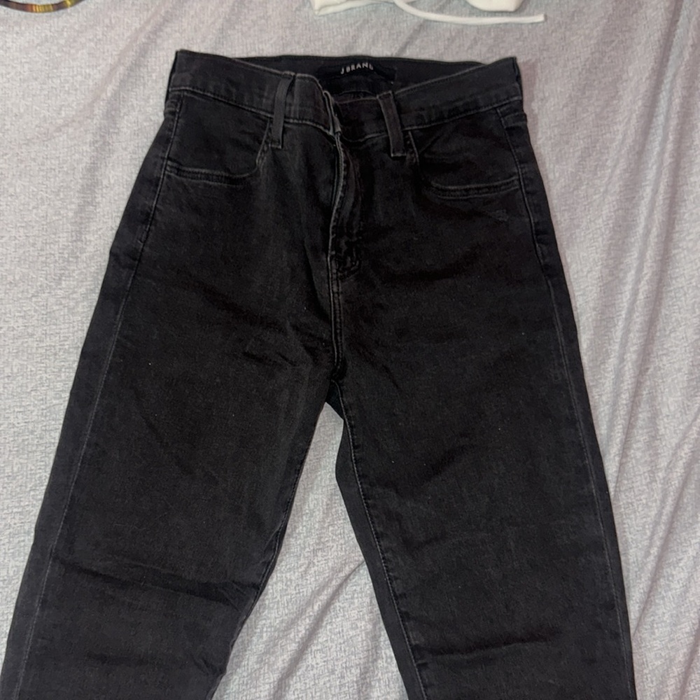 J Brand Dark Gray/Black Skinny Jeans with Distressed Ankles